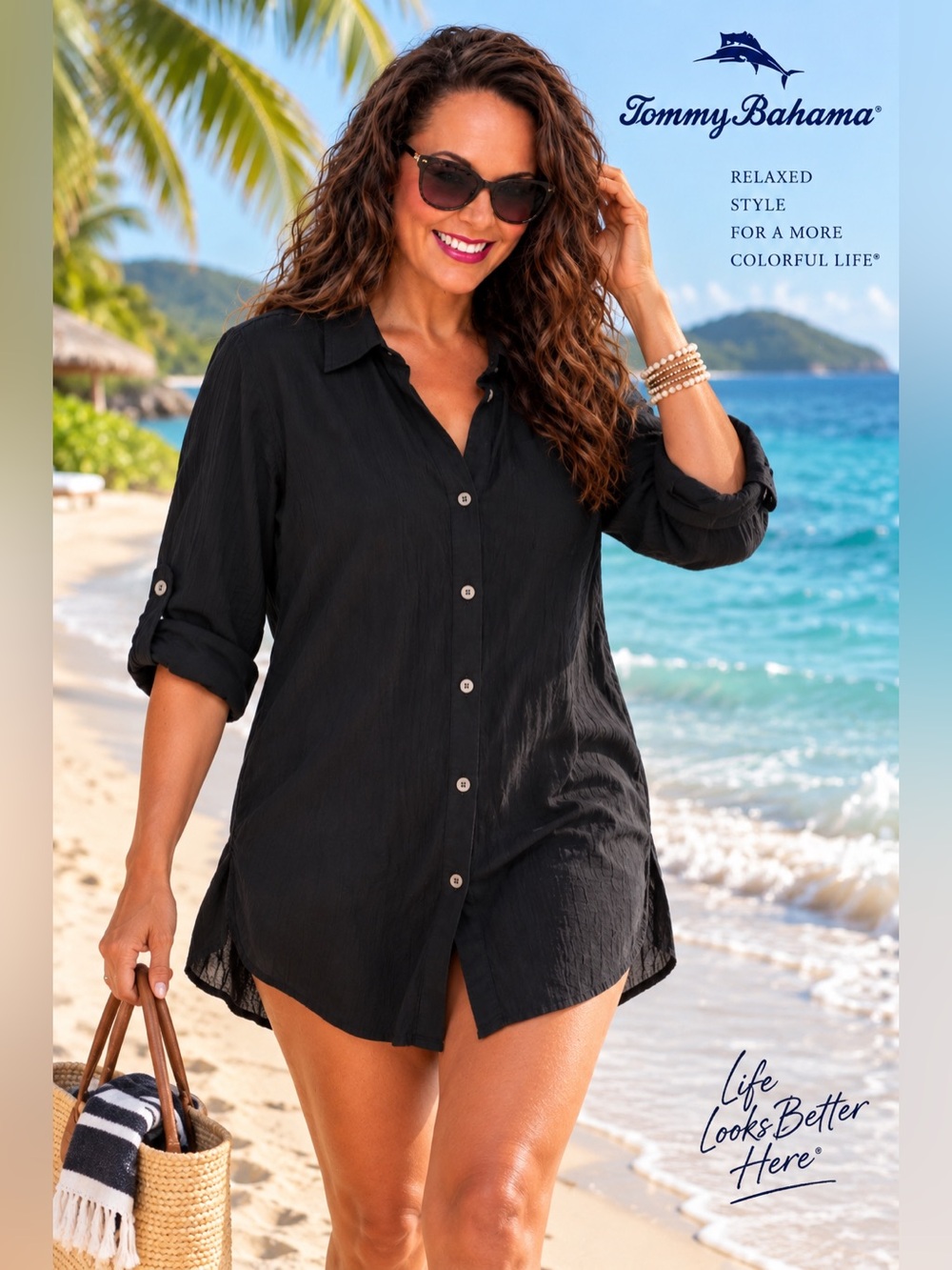 Tommy Bahama Crinkle Boyfriend Shirt Women’s Large Black 100% Cotton